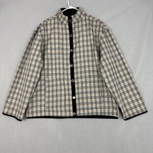 Pak-A-Jak Jacket Womens XL Beige Black Plaid Snap Front Stand Collar Polyester